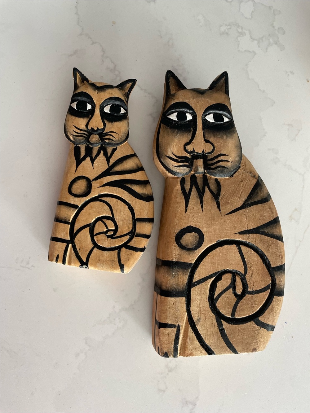 Hand Carved Wooden Cat Figurines Set of 2